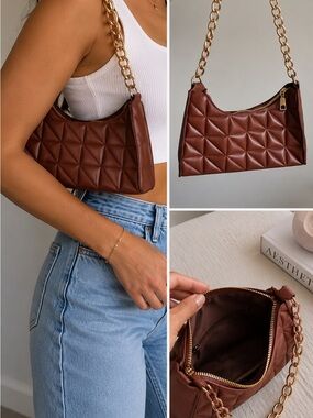 Brown Quilted Shoulder Bag Gold Chain Y2K Baguette Purse